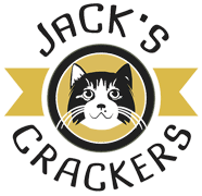 Jacks Crackers logo featuring a black cat with a gold ribbon background.