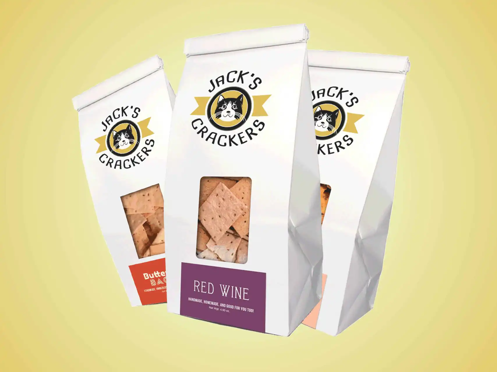 Jack's Crackers Red Wine flavored crackers in white packaging.