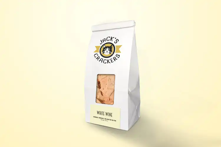 Pack of Jacks Crackers White Wine flavor in a white bag with logo.