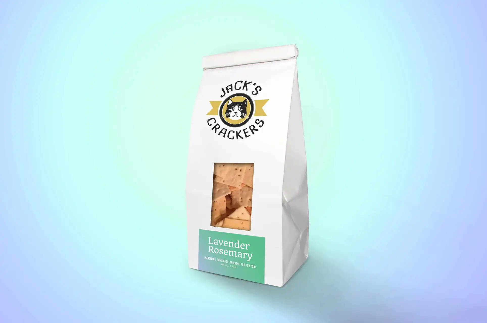 Lavender rosemary crackers in a white bag with clear window, wholesale packaging.