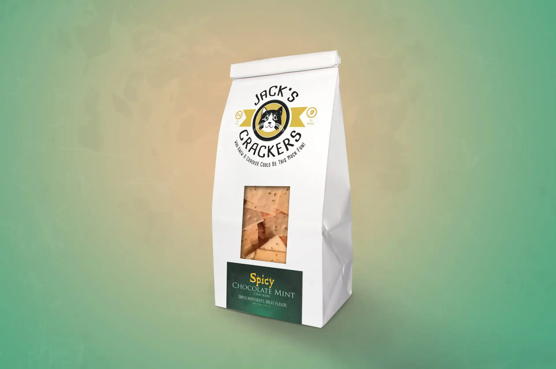 Spicy chocolate mint crackers in a white package with Jack's Crackers logo.